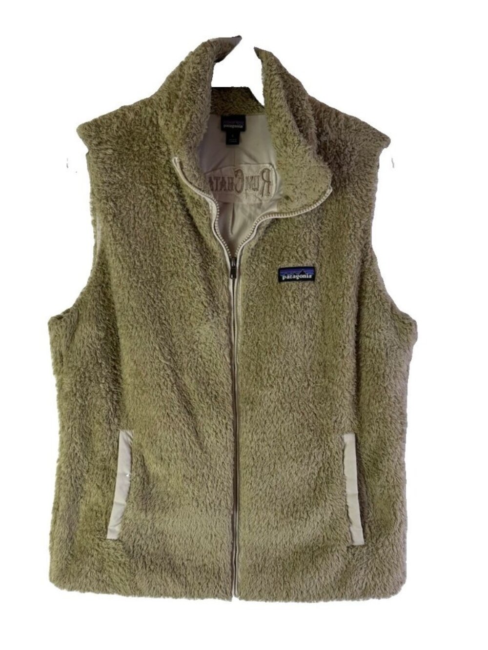 Patagonia Fleece Vest Jacket Womens Small Teddy Spell Out Rumchata Beige